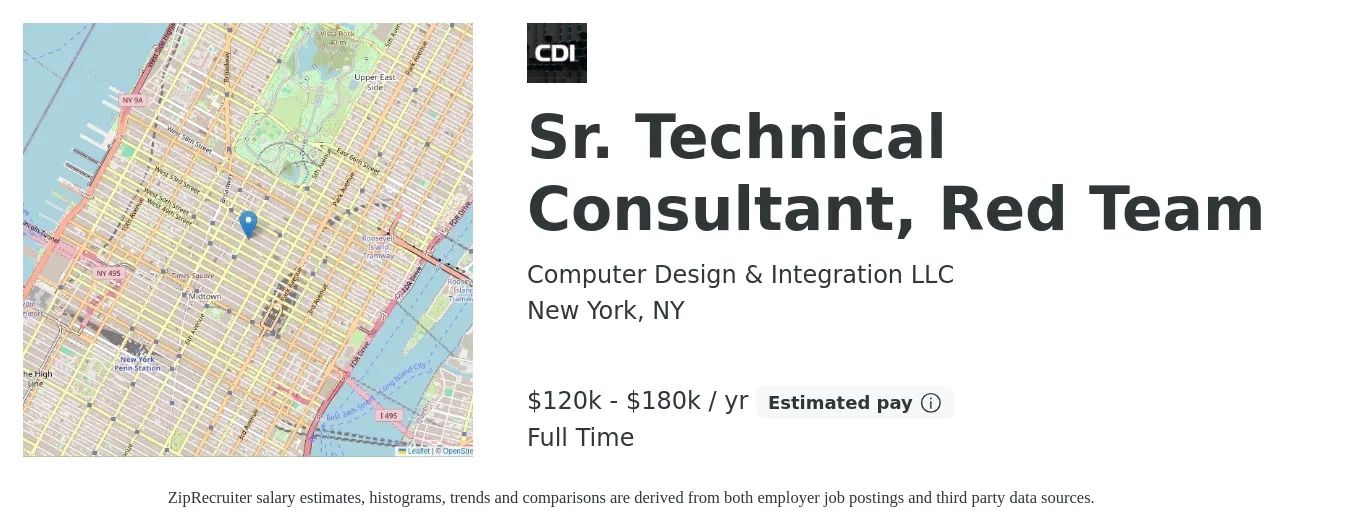 Computer Design & Integration LLC job posting for a Sr. Technical Consultant, Red Team in New York, NY with a salary of $100,000 to $180,000 Yearly with a map of New York location.
