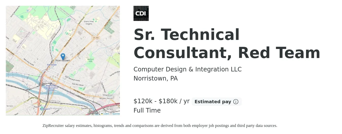 Computer Design & Integration LLC job posting for a Sr. Technical Consultant, Red Team in Norristown, PA with a salary of $100,000 to $180,000 Yearly with a map of Norristown location.
