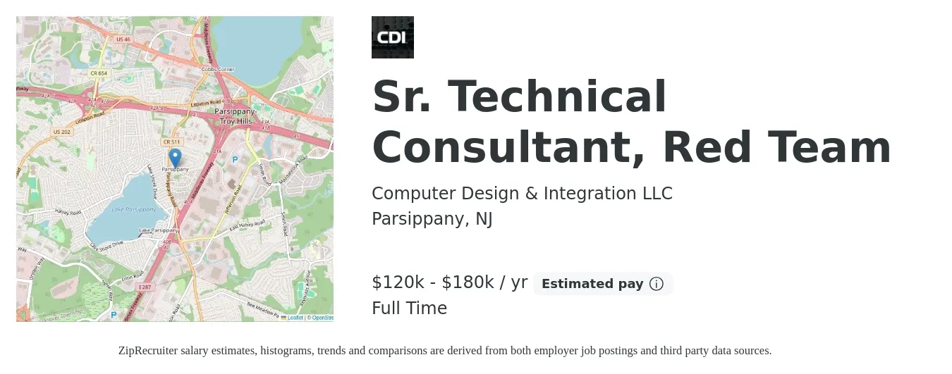 Computer Design & Integration LLC job posting for a Sr. Technical Consultant, Red Team in Parsippany, NJ with a salary of $100,000 to $180,000 Yearly with a map of Parsippany location.