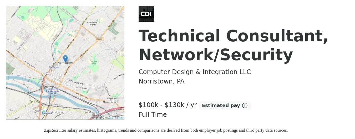 Computer Design & Integration LLC job posting for a Technical Consultant, Network/Security in Norristown, PA with a salary of $100,000 to $130,000 Yearly with a map of Norristown location.