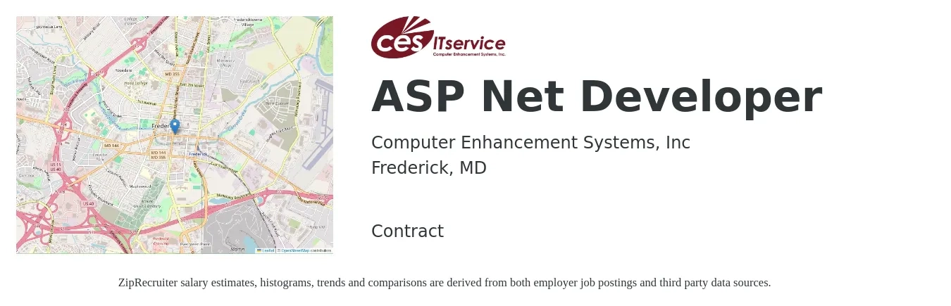 Computer Enhancement Systems, Inc job posting for a ASP Net Developer in Frederick, MD with a salary of $42 to $53 Hourly with a map of Frederick location.