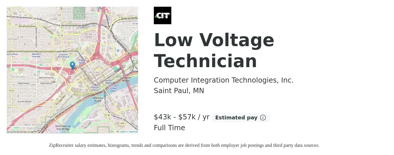 Computer Integration Technologies, Inc. job posting for a Low Voltage Technician in Saint Paul, MN with a salary of $43,680 to $57,000 Yearly with a map of Saint Paul location.