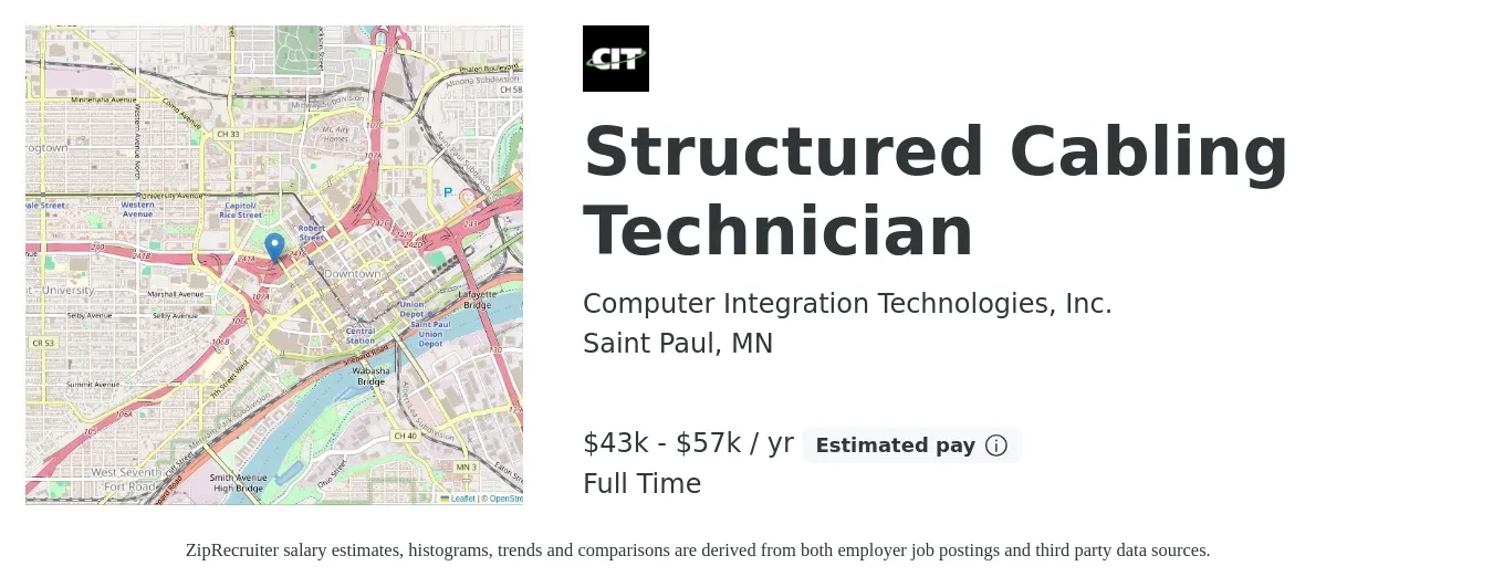 Computer Integration Technologies, Inc. job posting for a Structured Cabling Technician in Saint Paul, MN with a salary of $43,680 to $57,000 Yearly with a map of Saint Paul location.