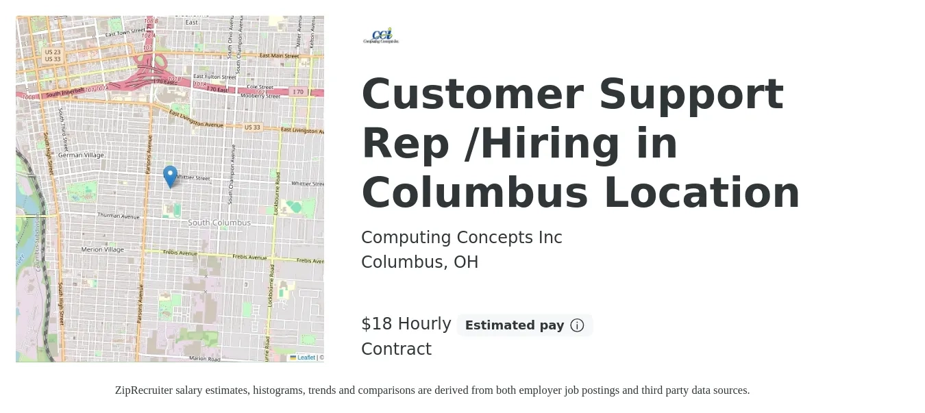 Computing Concepts Inc job posting for a Customer Support Rep /Hiring in Columbus Location in Columbus, OH with a salary of $19 Hourly with a map of Columbus location.
