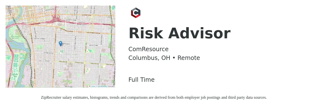 ComResource job posting for a Risk Advisor in Columbus, OH with a salary of $18 to $30 Hourly with a map of Columbus location.