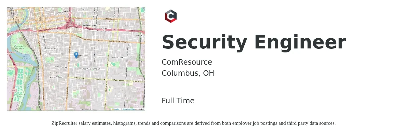 ComResource job posting for a Security Engineer in Columbus, OH with a salary of $138,100 to $153,100 Yearly with a map of Columbus location.