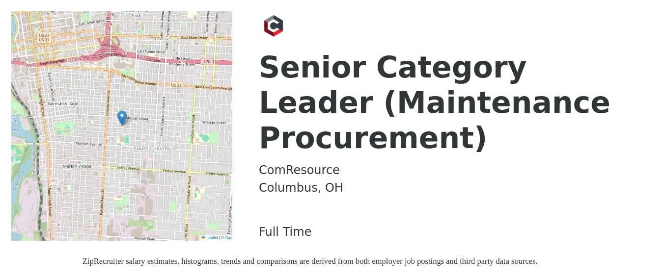 ComResource job posting for a Senior Category Leader (Maintenance Procurement) in Columbus, OH with a salary of $91,800 to $124,100 Yearly with a map of Columbus location.