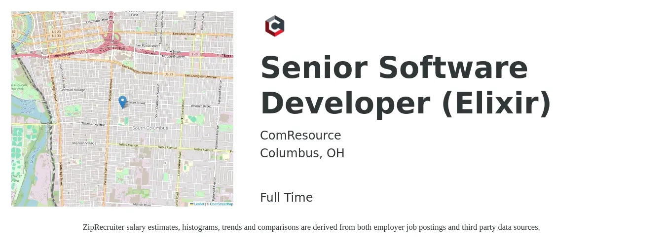 ComResource job posting for a Senior Software Developer (Elixir) in Columbus, OH with a salary of $53 to $70 Hourly with a map of Columbus location.