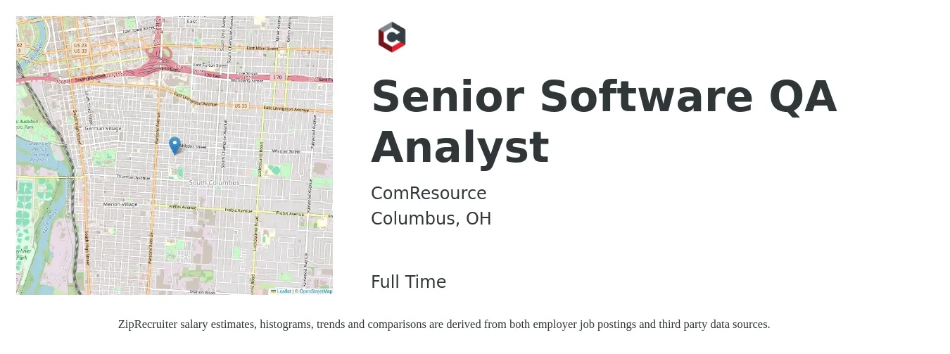 ComResource job posting for a Senior Software QA Analyst in Columbus, OH with a salary of $41 to $62 Hourly with a map of Columbus location.