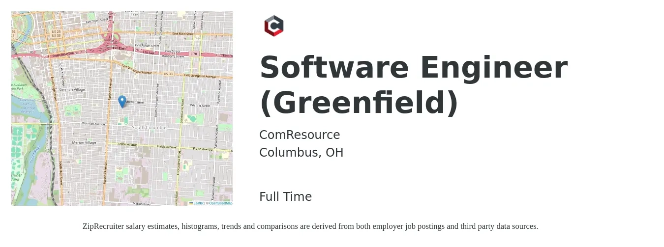 ComResource job posting for a Software Engineer (Greenfield) in Columbus, OH with a salary of $115,900 to $167,100 Yearly with a map of Columbus location.
