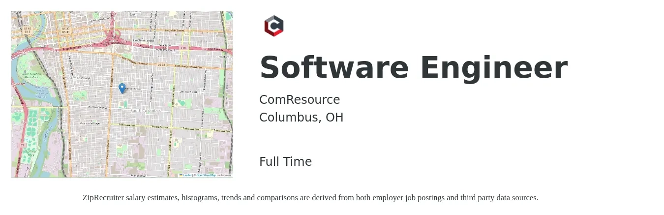 ComResource job posting for a Software Engineer in Columbus, OH with a salary of $115,900 to $167,100 Yearly with a map of Columbus location.