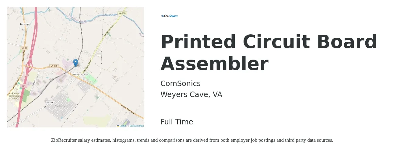 ComSonics job posting for a Printed Circuit Board Assembler in Weyers Cave, VA with a salary of $16 to $22 Hourly with a map of Weyers Cave location.