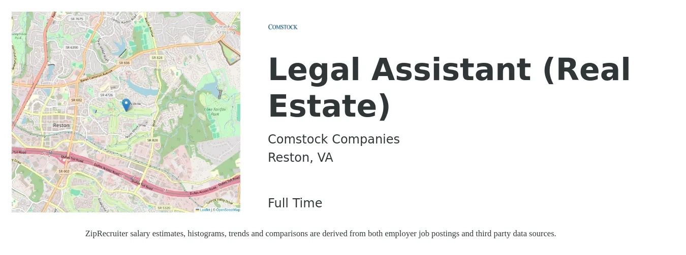 Comstock Companies job posting for a Legal Assistant (Real Estate) in Reston, VA with a salary of $39,500 to $57,200 Yearly with a map of Reston location.