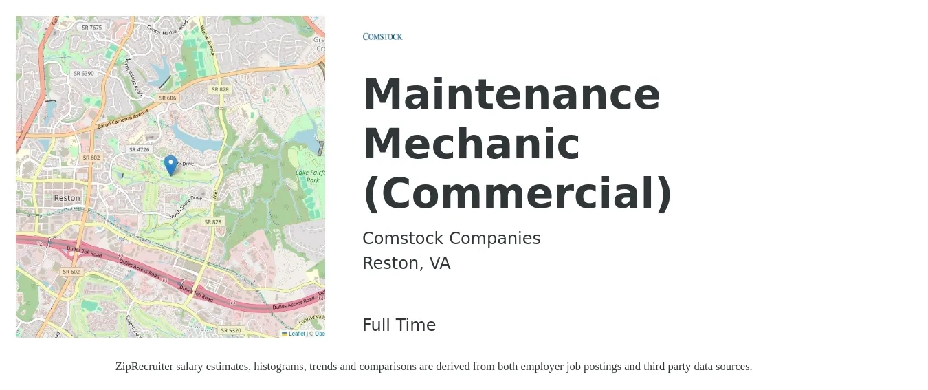 Comstock Companies job posting for a Maintenance Mechanic (Commercial) in Reston, VA with a salary of $26 to $34 Hourly with a map of Reston location.