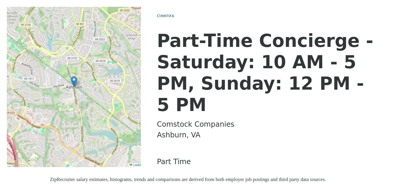 Comstock Companies job posting for a Part-Time Concierge - Saturday: 10 AM - 5 PM, Sunday: 12 PM - 5 PM in Ashburn, VA with a salary of $16 to $20 Hourly with a map of Ashburn location.