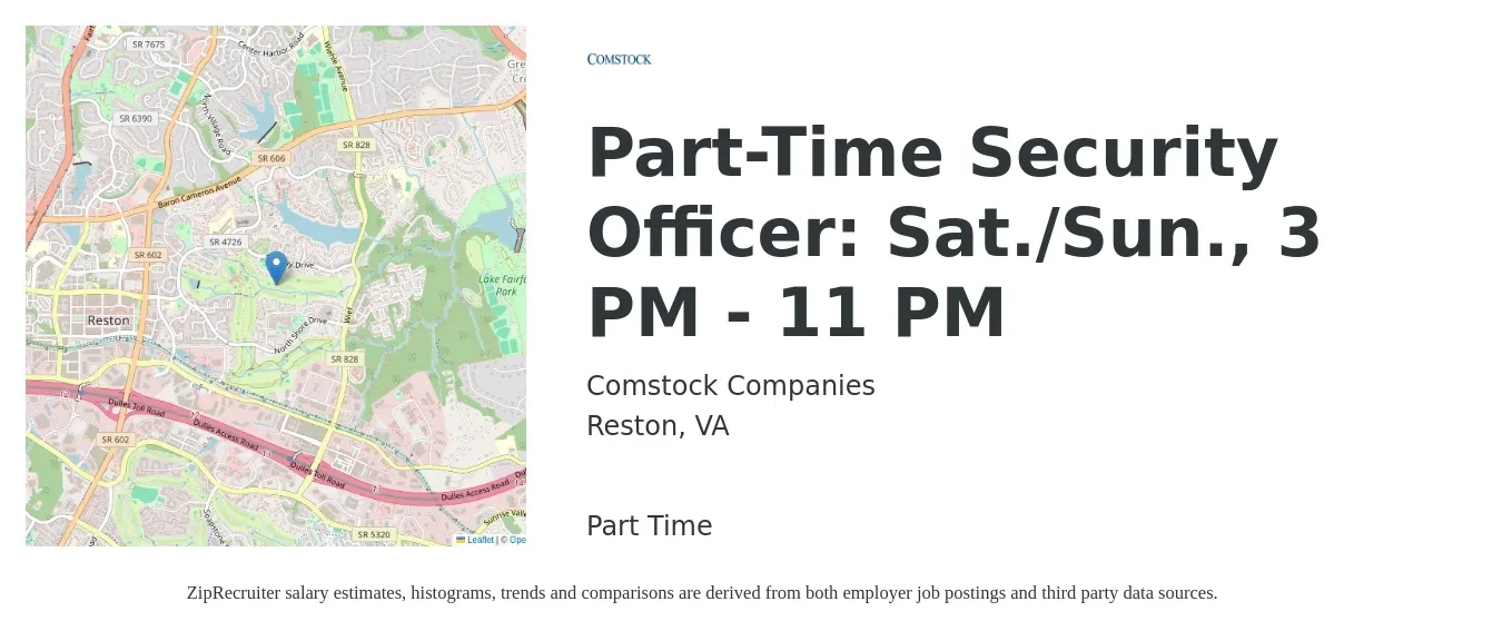 Comstock Companies job posting for a Part-Time Security Officer: Sat./Sun. 3 PM - 11 PM in Reston, VA with a salary of $17 to $20 Hourly with a map of Reston location.