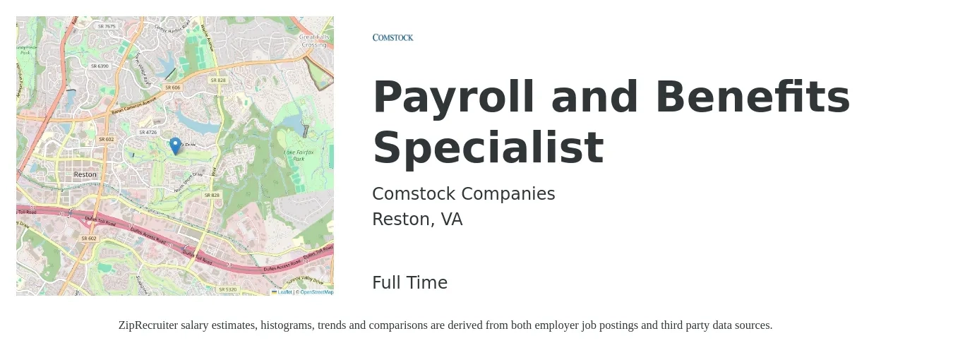 Comstock Companies job posting for a Payroll and Benefits Specialist in Reston, VA with a salary of $53,700 to $70,400 Yearly with a map of Reston location.
