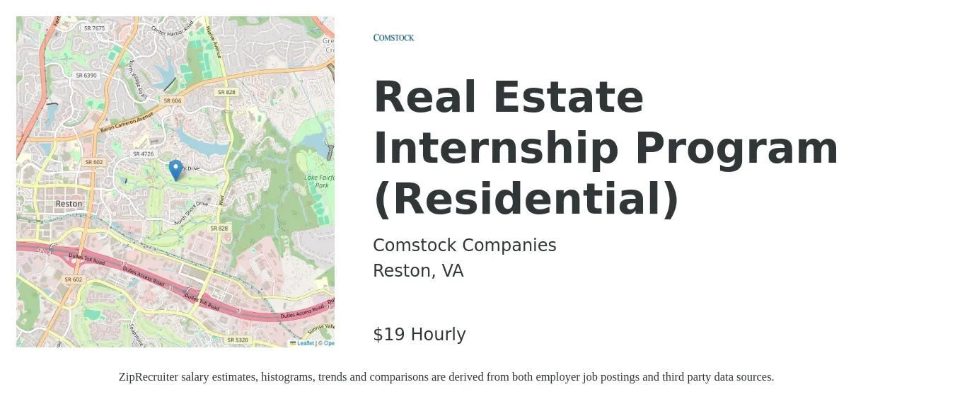 Comstock Companies job posting for a Real Estate Internship Program (Residential) in Reston, VA with a salary of $20 Hourly with a map of Reston location.
