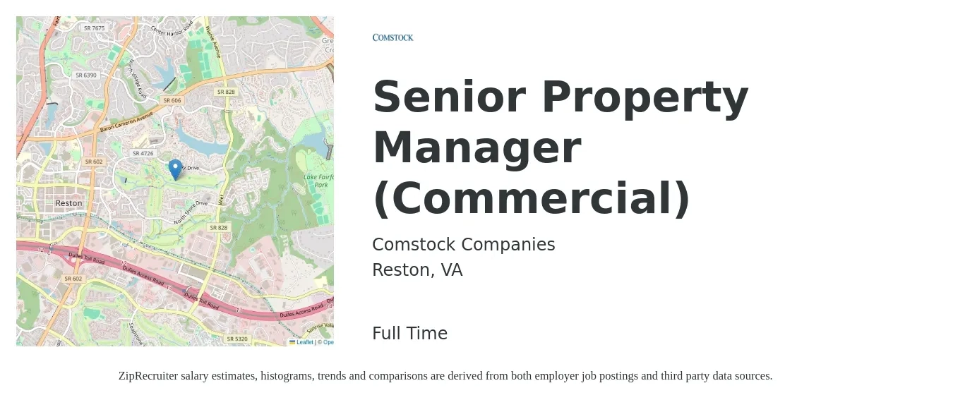Comstock Companies job posting for a Senior Property Manager (Commercial) in Reston, VA with a salary of $74,400 to $116,000 Yearly with a map of Reston location.