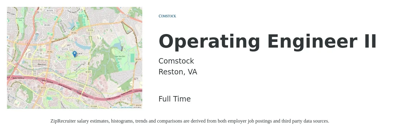 Comstock job posting for a Operating Engineer II in Reston, VA with a salary of $87,400 to $121,200 Yearly with a map of Reston location.
