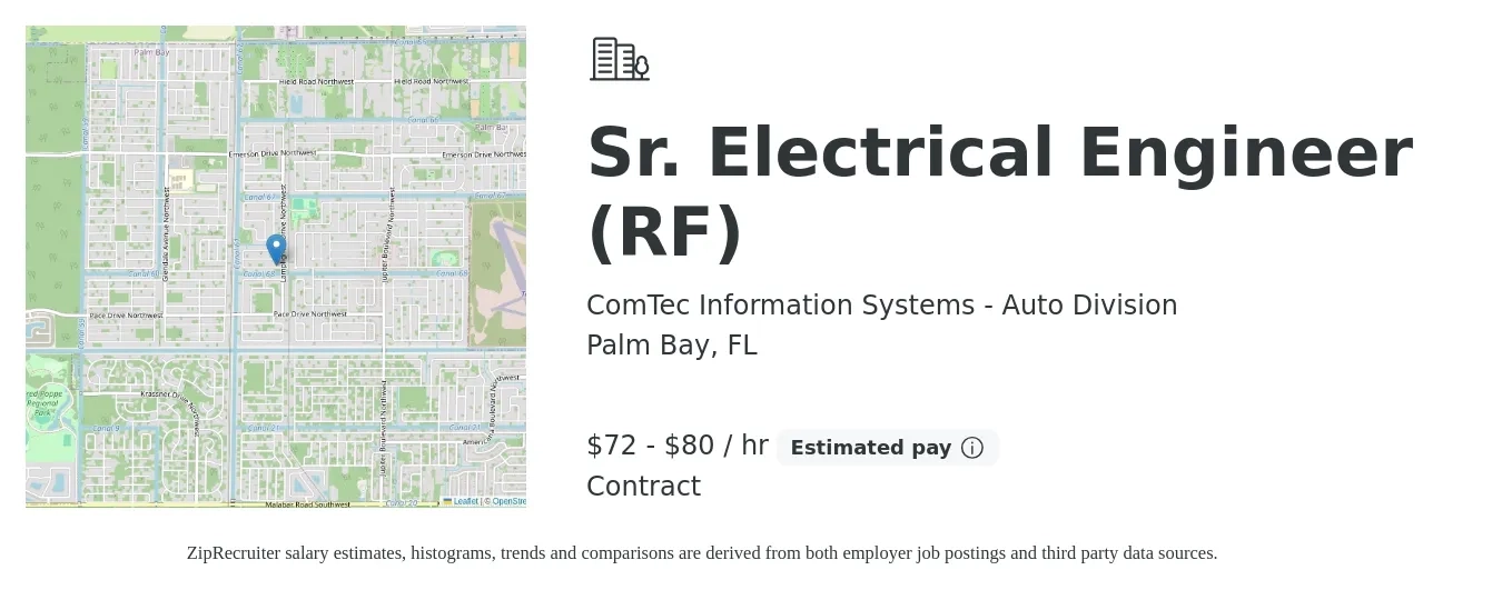 ComTec Information Systems - Auto Division job posting for a Sr. Electrical Engineer (RF) in Palm Bay, FL with a salary of $75 to $84 Hourly with a map of Palm Bay location.