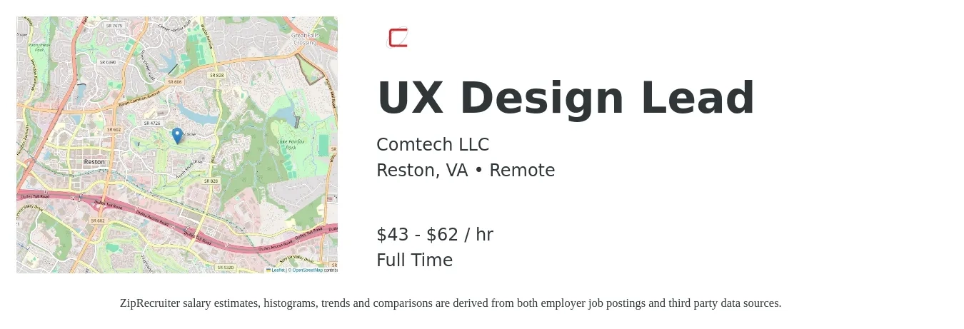 Comtech LLC job posting for a UX Design Lead in Reston, VA with a salary of $45 to $65 Hourly with a map of Reston location.