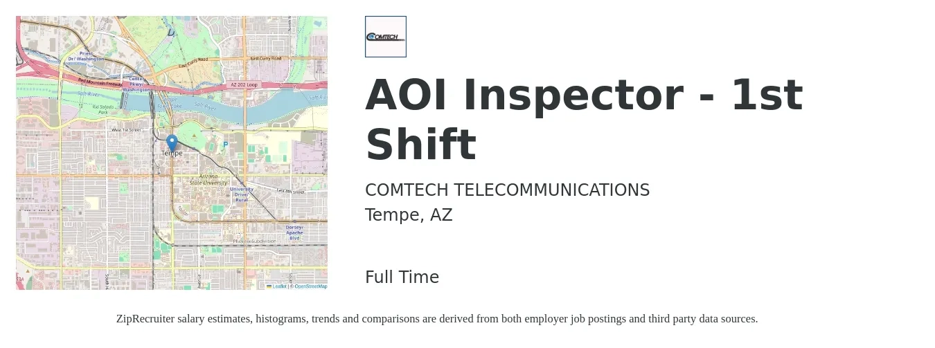 COMTECH TELECOMMUNICATIONS job posting for a AOI Inspector - 1st Shift in Tempe, AZ with a salary of $18 to $24 Hourly with a map of Tempe location.
