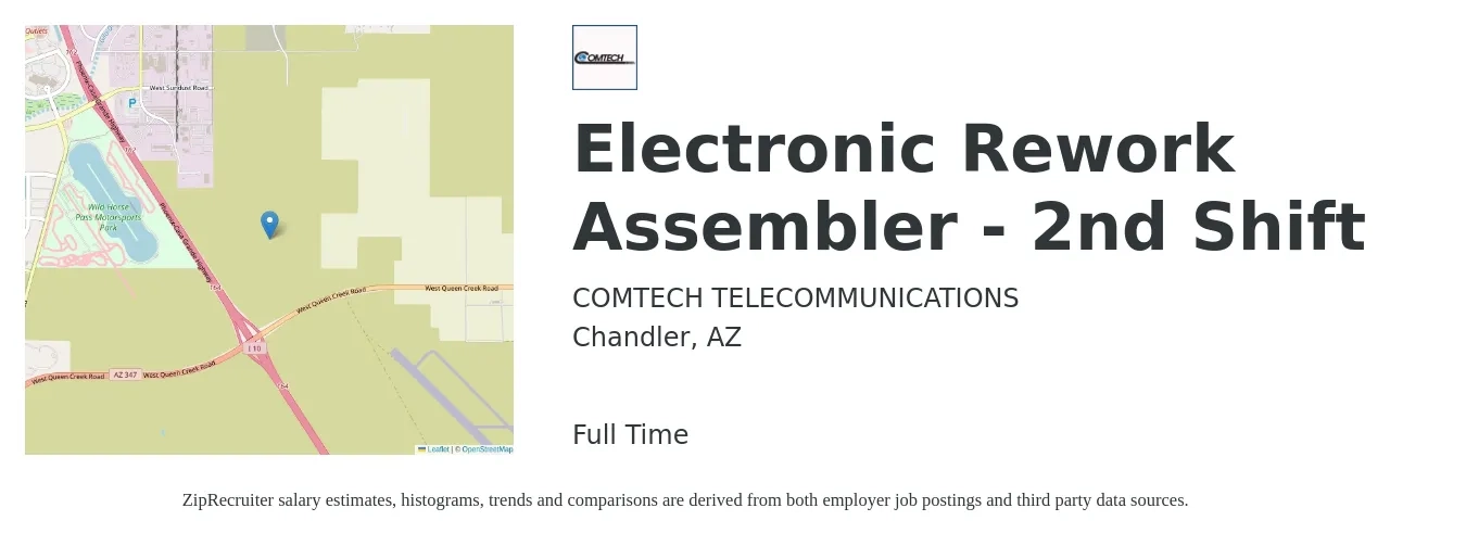 COMTECH TELECOMMUNICATIONS job posting for a Electronic Rework Assembler - 2nd Shift in Chandler, AZ with a salary of $17 to $22 Hourly with a map of Chandler location.