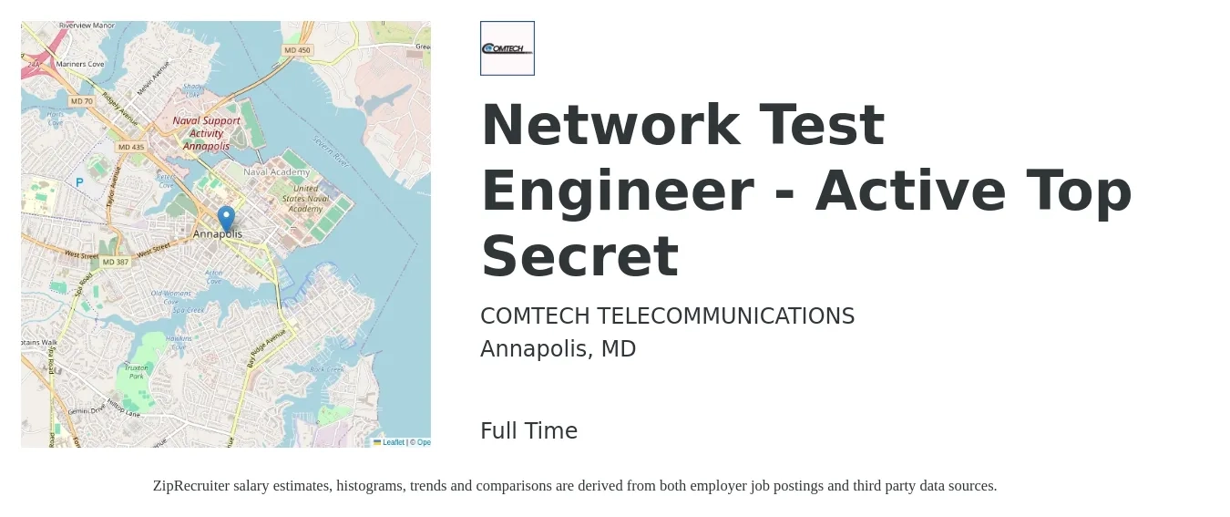 COMTECH TELECOMMUNICATIONS job posting for a Network Test Engineer - Active Top Secret in Annapolis, MD with a salary of $88,100 to $132,200 Yearly with a map of Annapolis location.