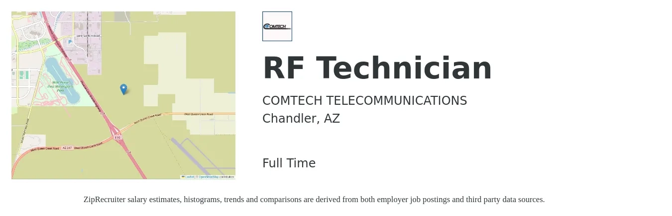 COMTECH TELECOMMUNICATIONS job posting for a RF Technician in Chandler, AZ with a salary of $26 to $39 Hourly with a map of Chandler location.