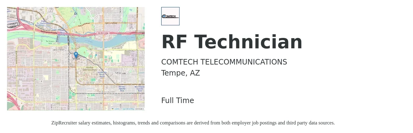COMTECH TELECOMMUNICATIONS job posting for a RF Technician in Tempe, AZ with a salary of $26 to $39 Hourly with a map of Tempe location.