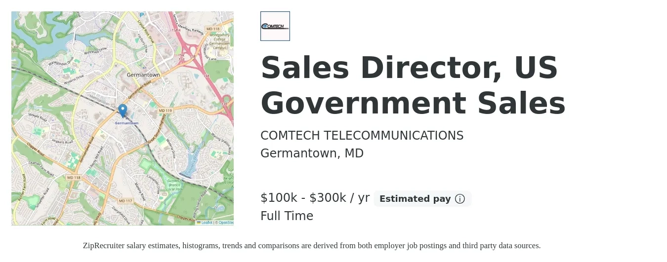 COMTECH TELECOMMUNICATIONS job posting for a Sales Director, US Government Sales in Germantown, MD with a salary of $100,000 to $300,000 Yearly with a map of Germantown location.