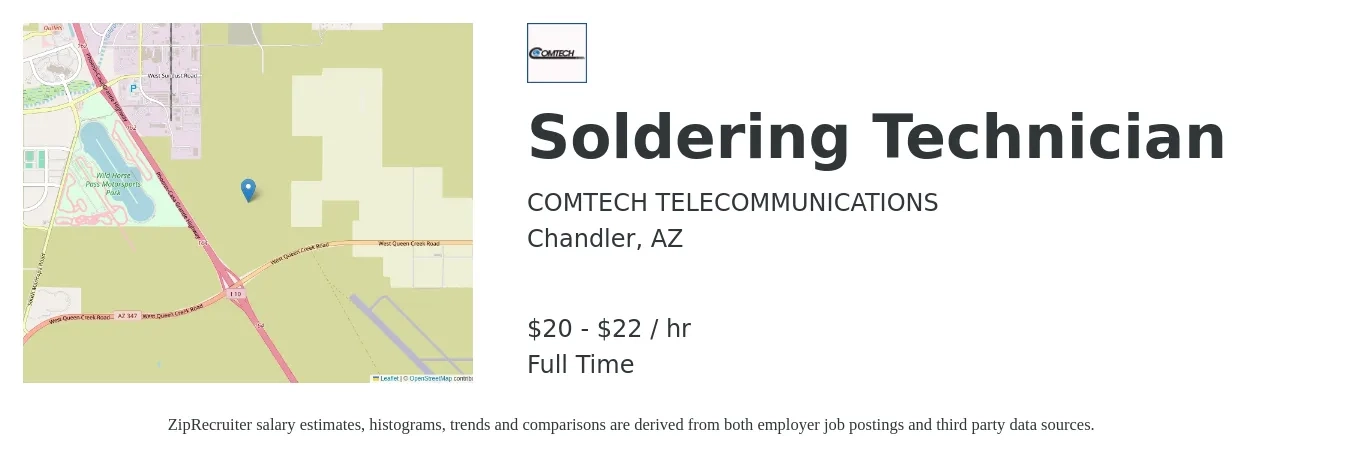 COMTECH TELECOMMUNICATIONS job posting for a Soldering Technician in Chandler, AZ with a salary of $21 to $23 Hourly with a map of Chandler location.
