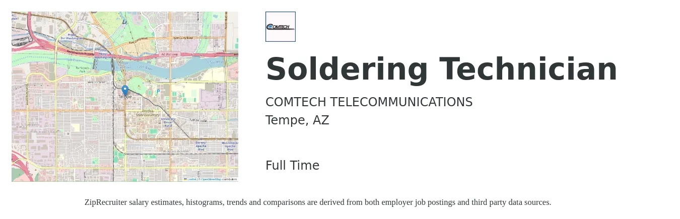 COMTECH TELECOMMUNICATIONS job posting for a Soldering Technician in Tempe, AZ with a salary of $21 to $23 Hourly with a map of Tempe location.