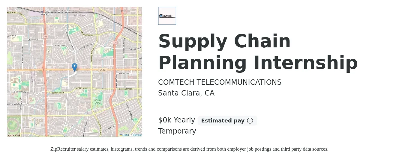 COMTECH TELECOMMUNICATIONS job posting for a Supply Chain Planning Internship in Santa Clara, CA with a salary of $23 to $25 Yearly with a map of Santa Clara location.