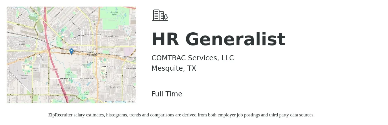 COMTRAC Services, LLC job posting for a HR Generalist in Mesquite, TX with a salary of $47,400 to $67,500 Yearly with a map of Mesquite location.
