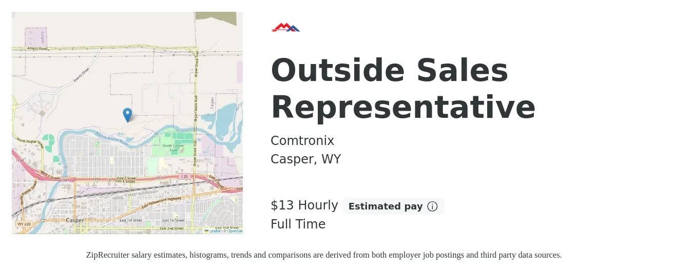Comtronix job posting for a Outside Sales Representative in Casper, WY with a salary of $30,000 Yearly with a map of Casper location.