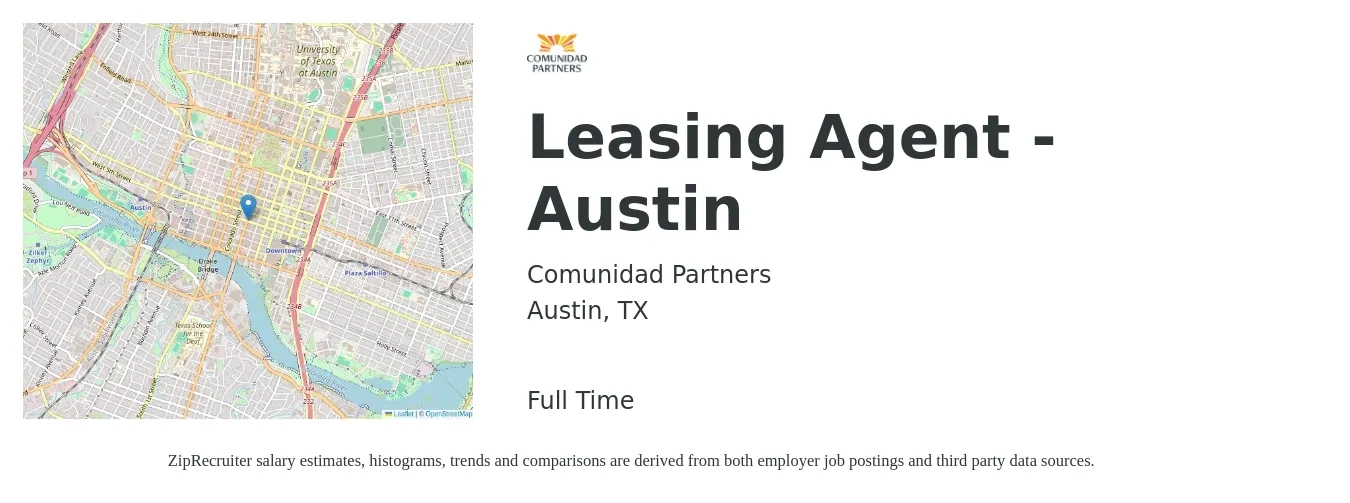 Comunidad Partners job posting for a Leasing Agent - Austin in Austin, TX with a salary of $16 to $19 Hourly with a map of Austin location.