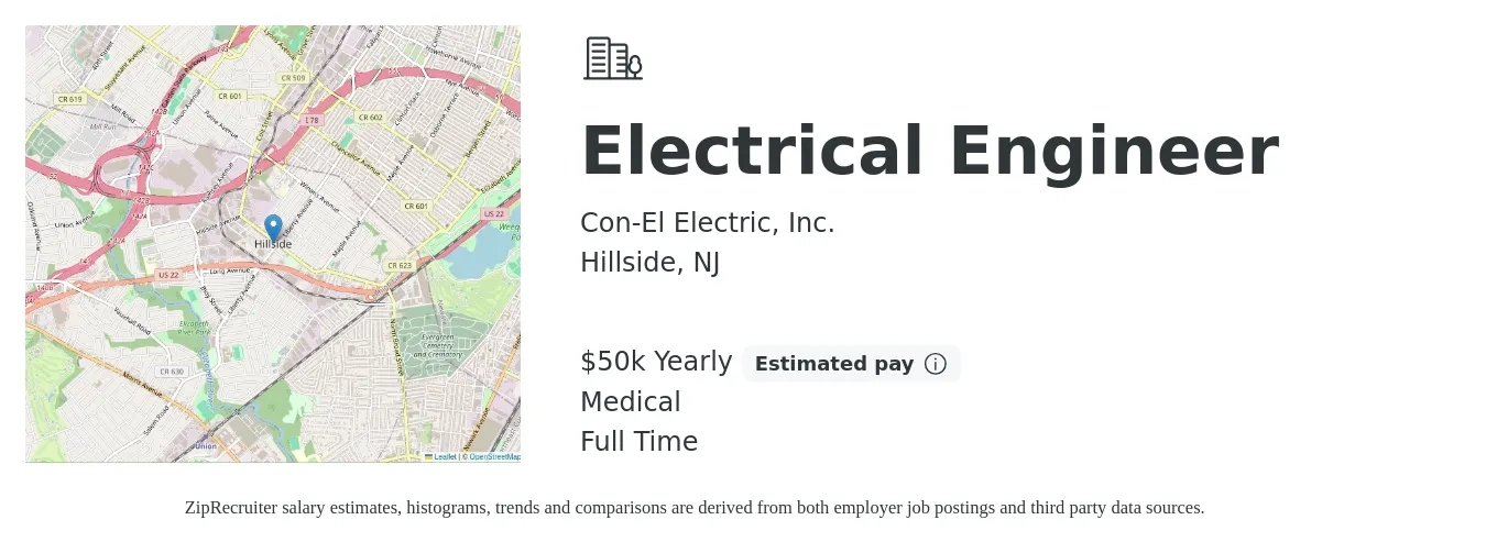 Con-El Electric, Inc. job posting for a Electrical Engineer in Hillside, NJ with a salary of $50,000 Yearly and benefits including medical with a map of Hillside location.