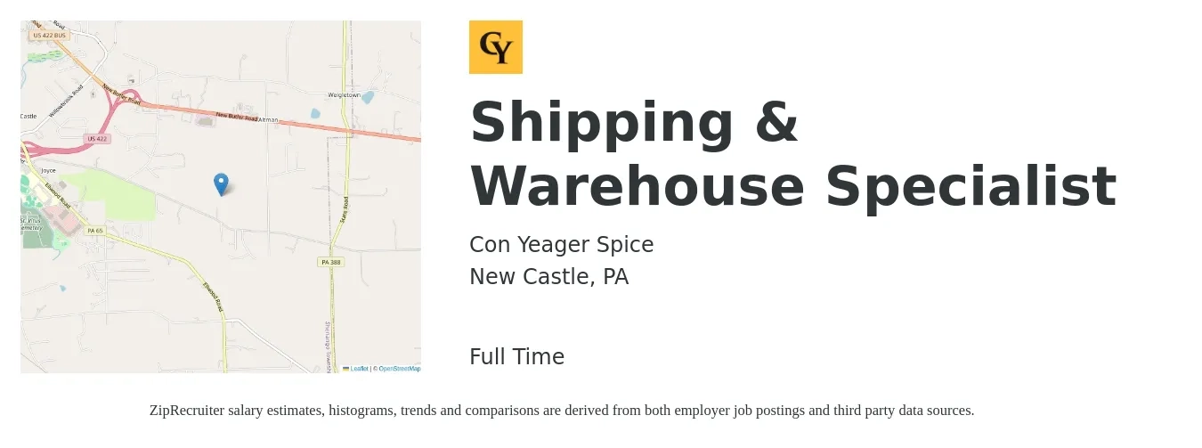 Con Yeager Spice job posting for a Shipping & Warehouse Specialist in New Castle, PA with a salary of $16 to $20 Hourly with a map of New Castle location.