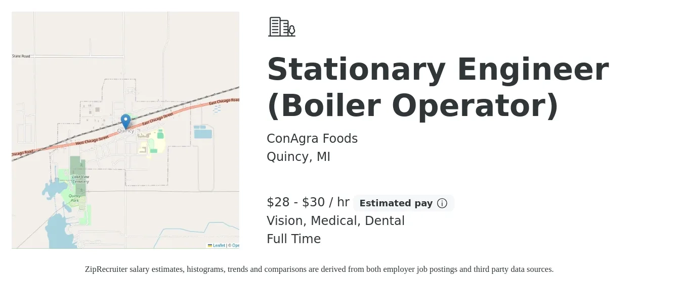 ConAgra Foods job posting for a Stationary Engineer (Boiler Operator) in Quincy, MI with a salary of $29 to $32 Hourly and benefits including dental, life_insurance, medical, pto, retirement, and vision with a map of Quincy location.