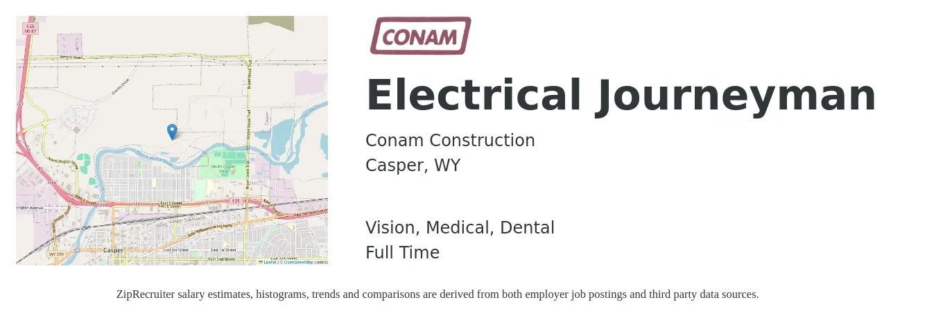 Conam Construction job posting for a Electrical Journeyman in Casper, WY with a salary of $28 to $41 Hourly and benefits including dental, life_insurance, medical, retirement, and vision with a map of Casper location.