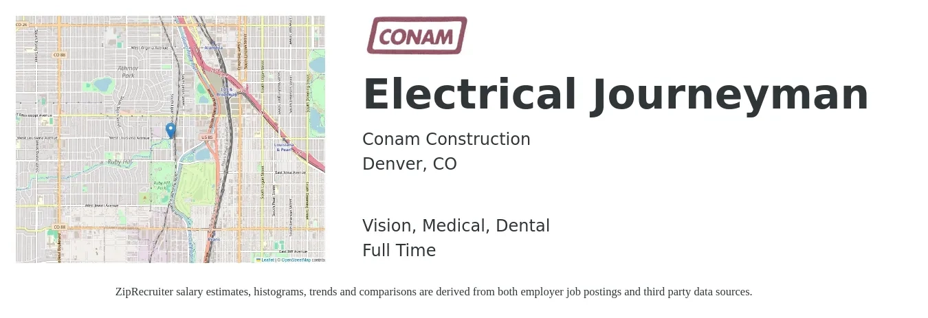 Conam Construction job posting for a Electrical Journeyman in Denver, CO with a salary of $29 to $44 Hourly and benefits including dental, life_insurance, medical, retirement, and vision with a map of Denver location.