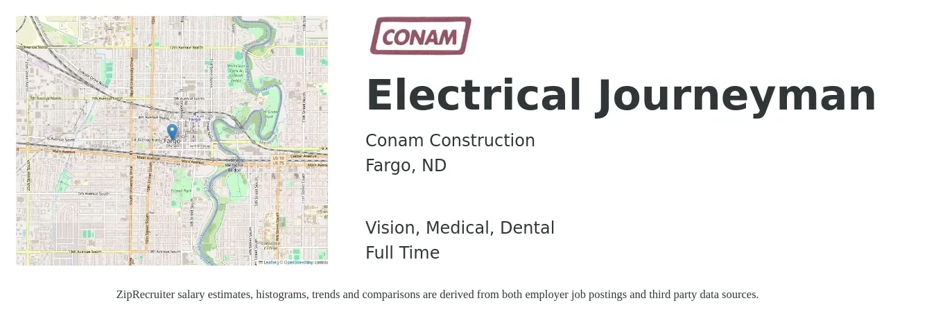 Conam Construction job posting for a Electrical Journeyman in Fargo, ND with a salary of $28 to $42 Hourly and benefits including retirement, vision, dental, life_insurance, and medical with a map of Fargo location.