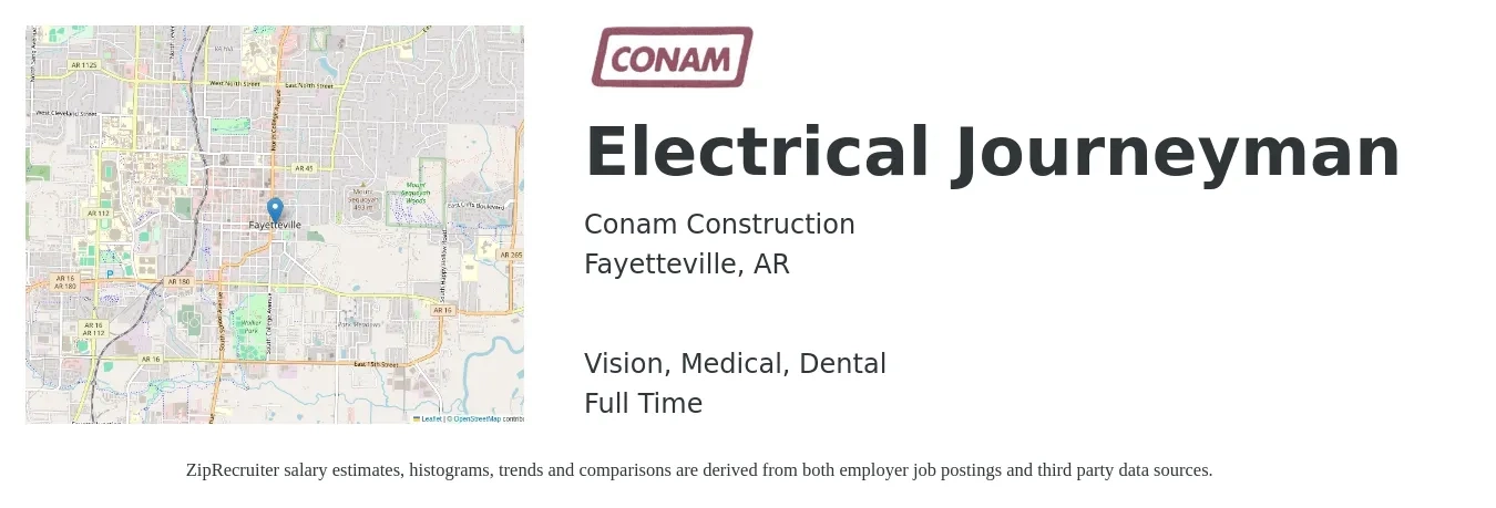 Conam Construction job posting for a Electrical Journeyman in Fayetteville, AR with a salary of $27 to $41 Hourly and benefits including dental, life_insurance, medical, retirement, and vision with a map of Fayetteville location.