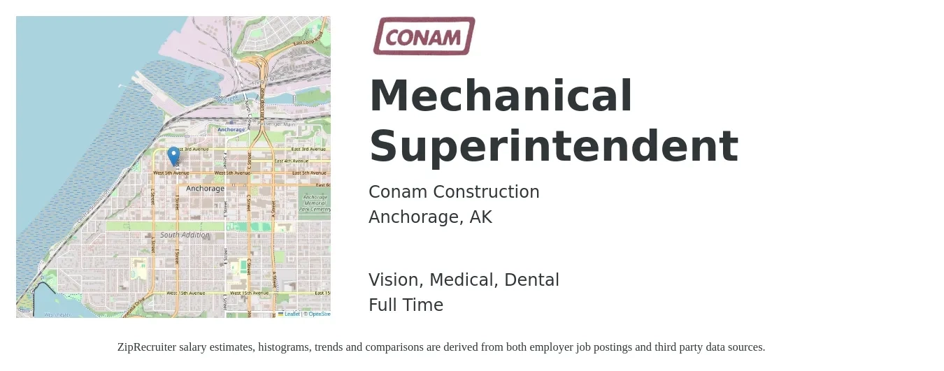 Conam Construction job posting for a Mechanical Superintendent in Anchorage, AK with a salary of $900 Daily and benefits including medical, retirement, vision, dental, and life_insurance with a map of Anchorage location.