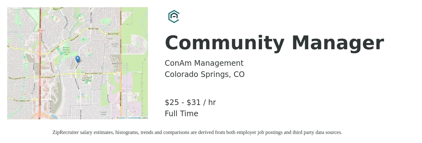 ConAm Management job posting for a Community Manager in Colorado Springs, CO with a salary of $27 to $33 Hourly with a map of Colorado Springs location.