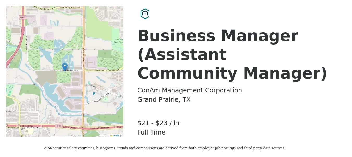 ConAm Management Corporation job posting for a Business Manager (Assistant Community Manager) in Grand Prairie, TX with a salary of $22 to $24 Hourly with a map of Grand Prairie location.