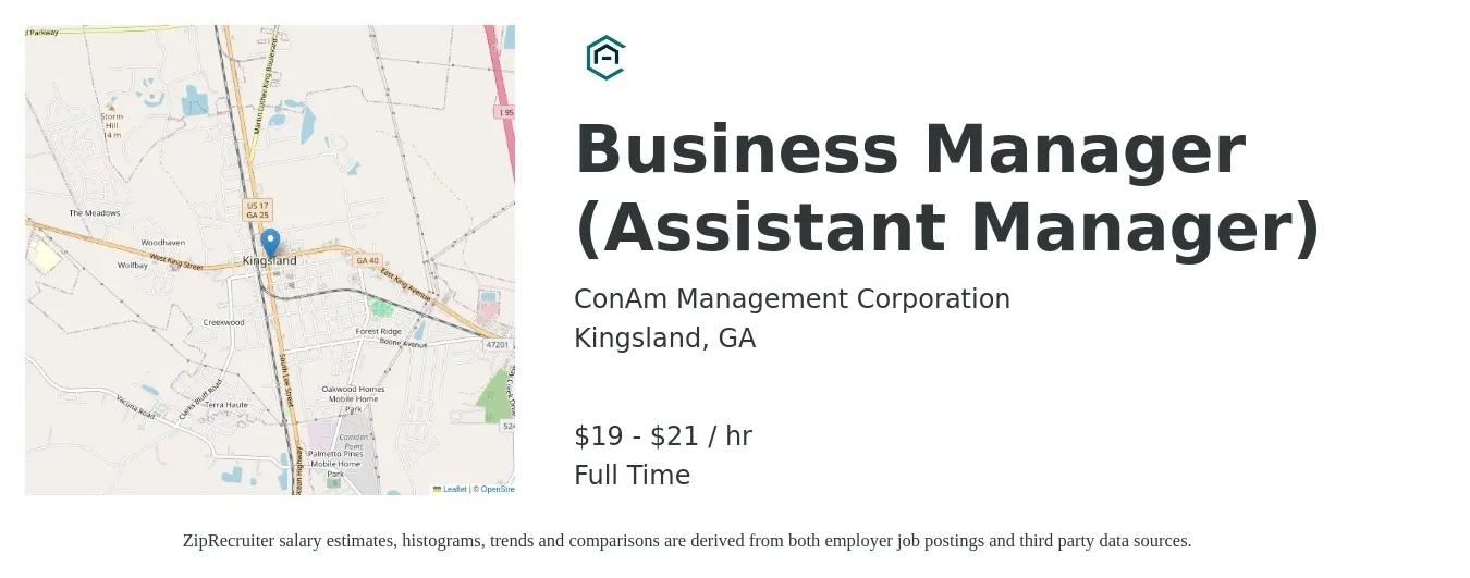 ConAm Management job posting for a Business Manager (Assistant Manager) in Kingsland, GA with a salary of $20 to $22 Hourly with a map of Kingsland location.