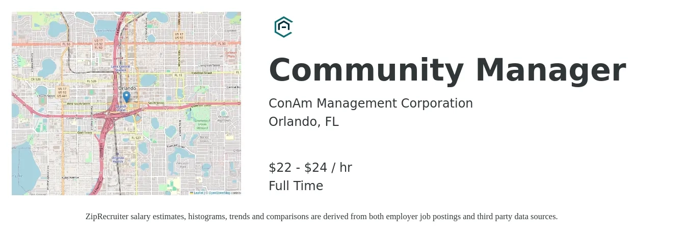 ConAm Management Corporation job posting for a Community Manager in Orlando, FL with a salary of $23 to $25 Hourly with a map of Orlando location.